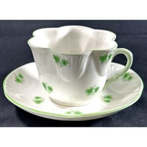 Crown Staffordshire Green Trim Clover Teacup & Saucer Set